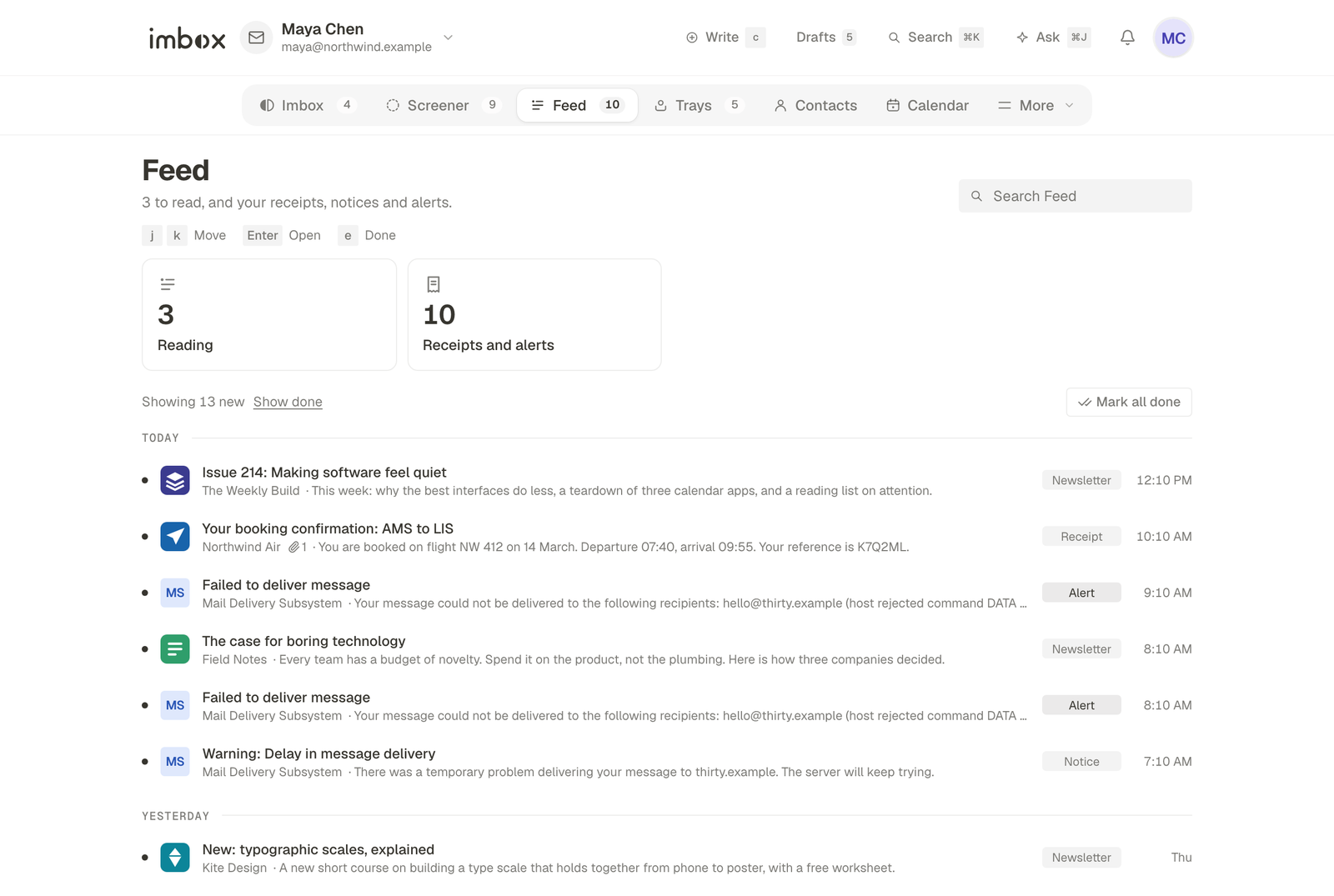 The Feed: reading in one card, receipts and alerts in another, with the newest at the top