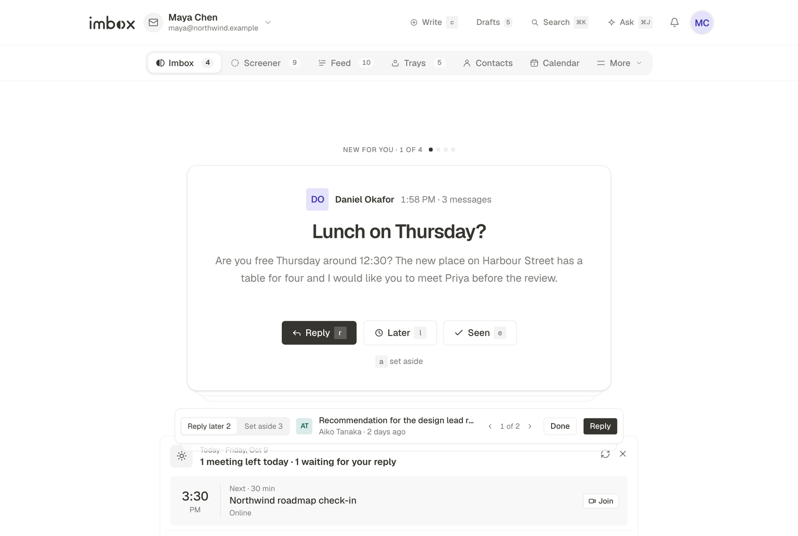 The imbox home: the next message waiting for you, with Reply, Later and Seen, and the day ahead below