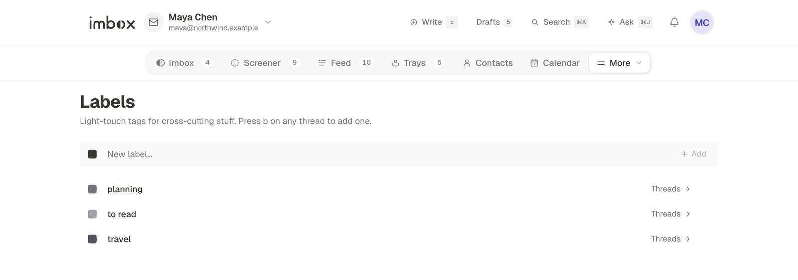 Labels: a list of tags with a way to see the threads under each