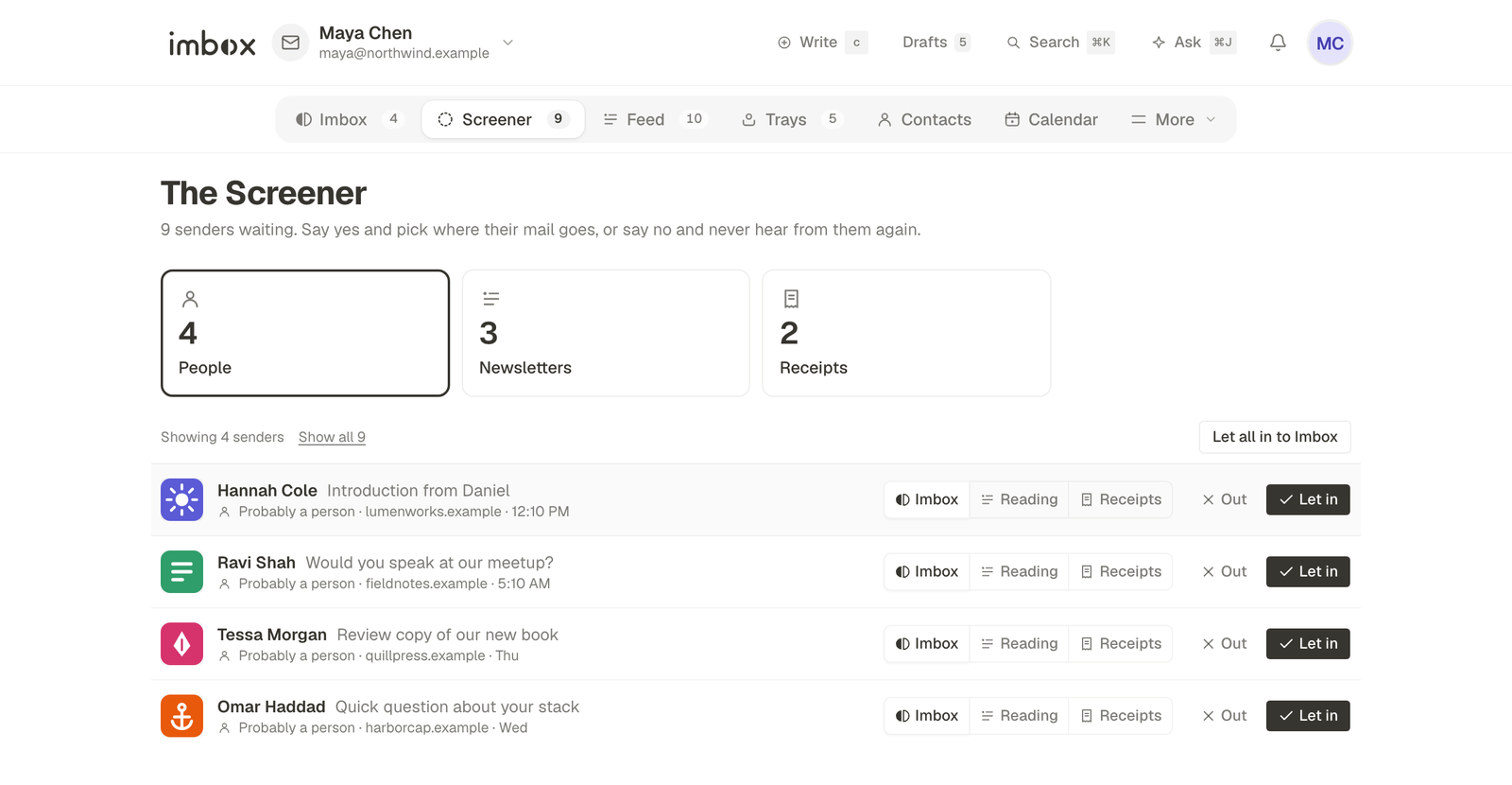 The Screener: waiting senders grouped as People, Newsletters and Receipts, each with buttons to let in or screen out