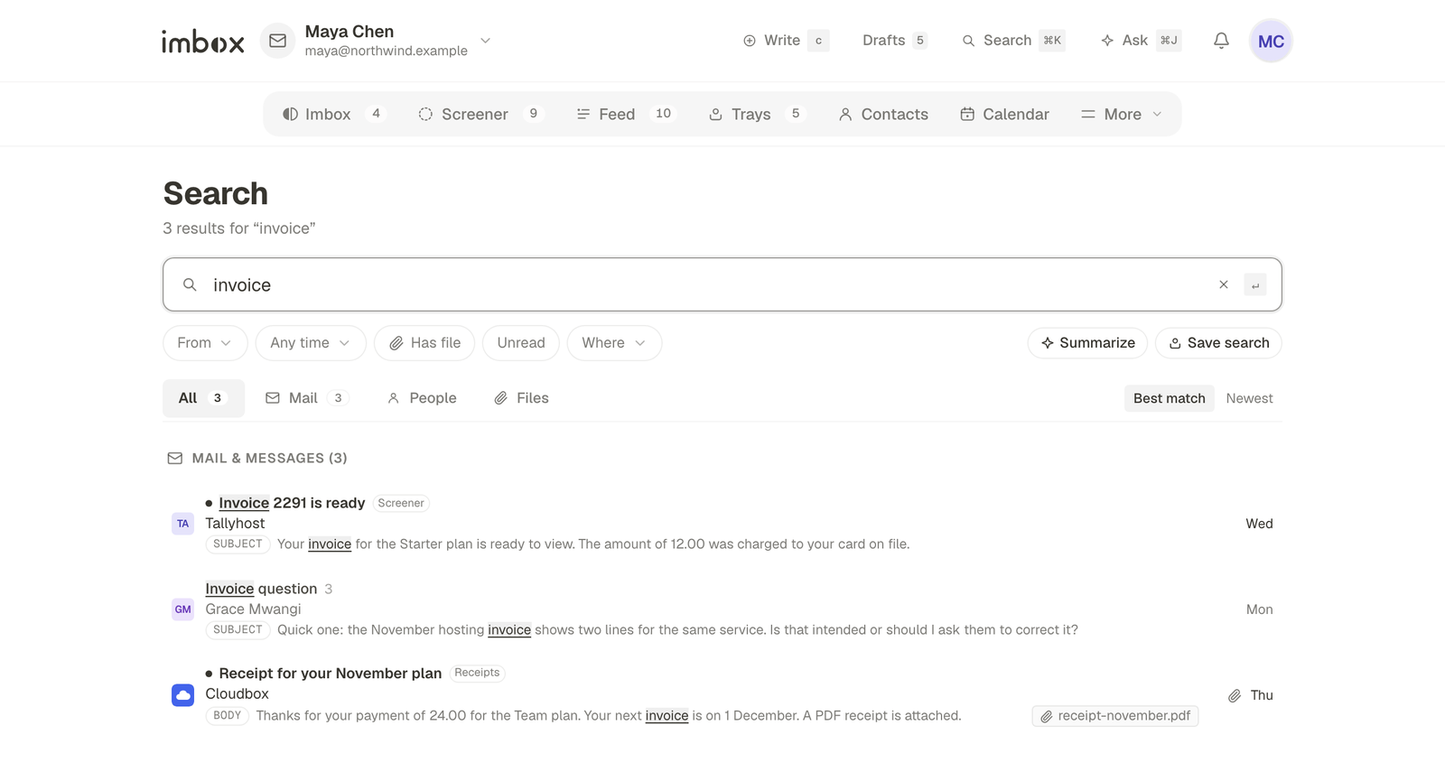 Search results for a word, with filters above and matches highlighted