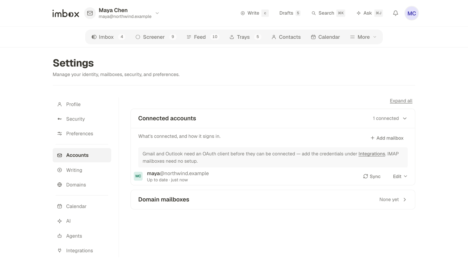 Settings, Accounts, where mailboxes are added