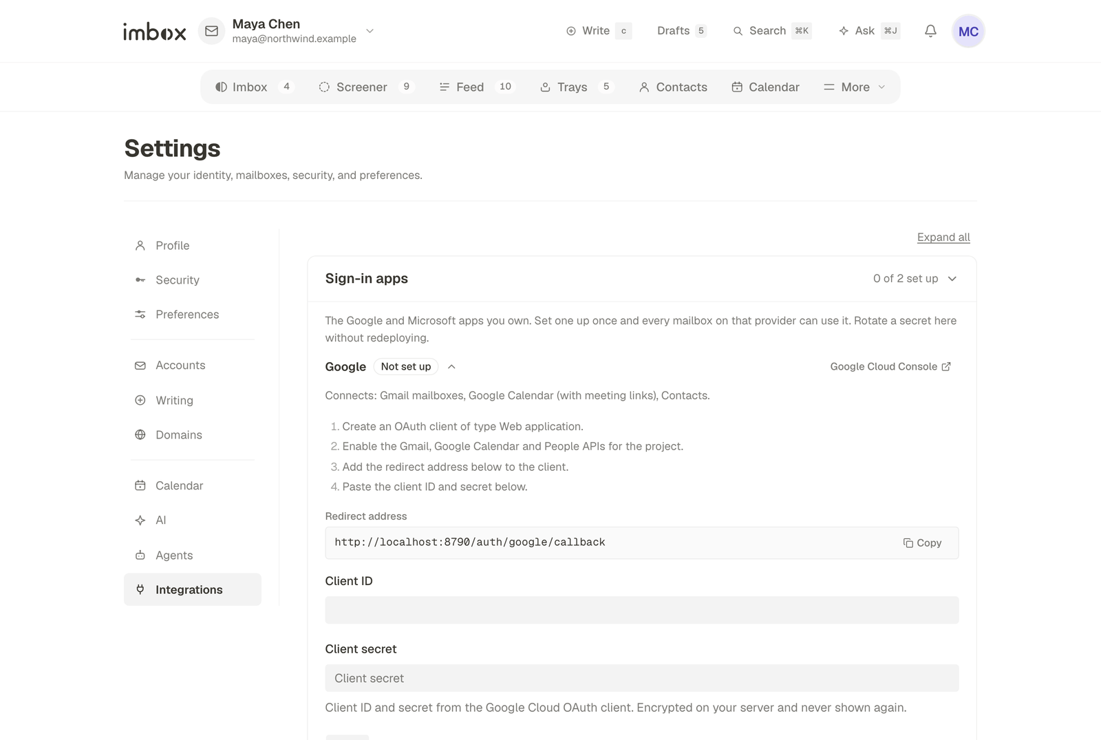 Settings, Integrations: the Google sign-in app with the redirect address to copy