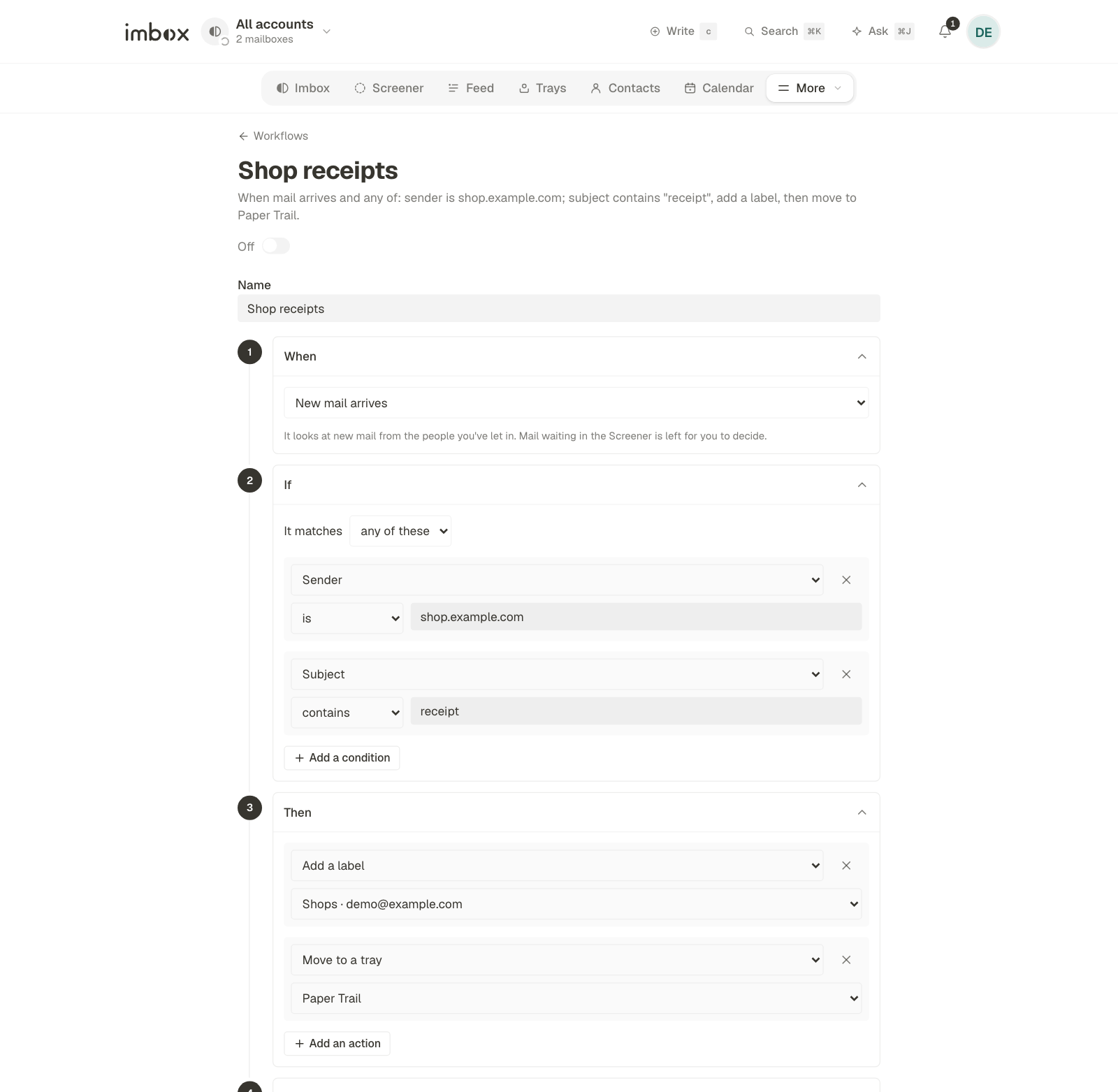 The editor, with the When, If, Then and Where steps