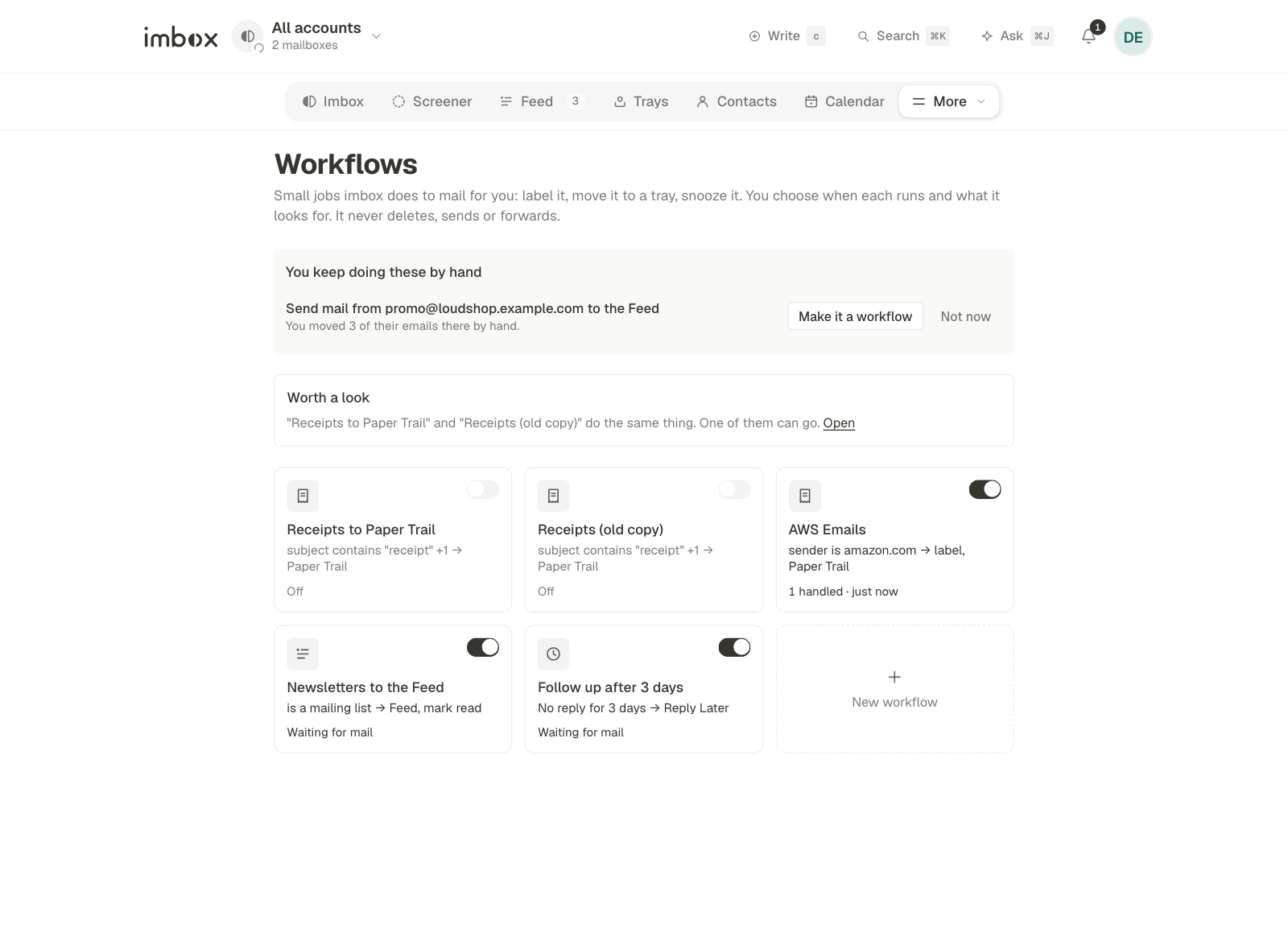 Workflows: a suggestion from what you do by hand, a checkup note, and a tile for each rule with a switch, a one-line summary and how much it has handled